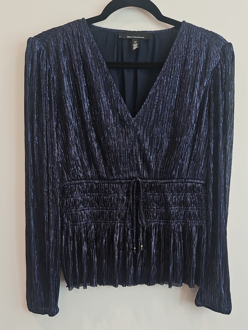 White House Black Market Navy V-Neck Metallic Pleated Long Sleeve Top